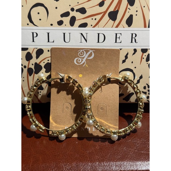 Plunder Jewelry - Plunder Design Gold Tone Hoop Earrings Faux Pearl Rhinestone Statement Jewelry